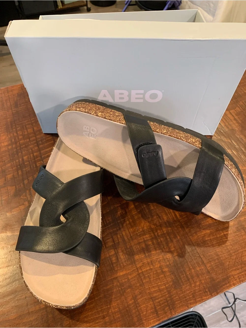 Abeo Black Leather Crossover Cork Footbed Sandals